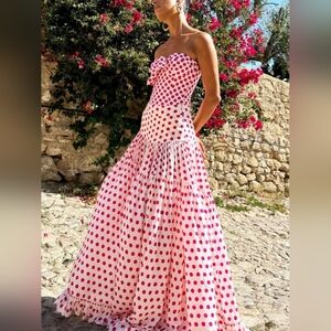 Resortwear Polka Doy Strapless Swimsuit & Maxi Skirt Match Set Red S M L XL